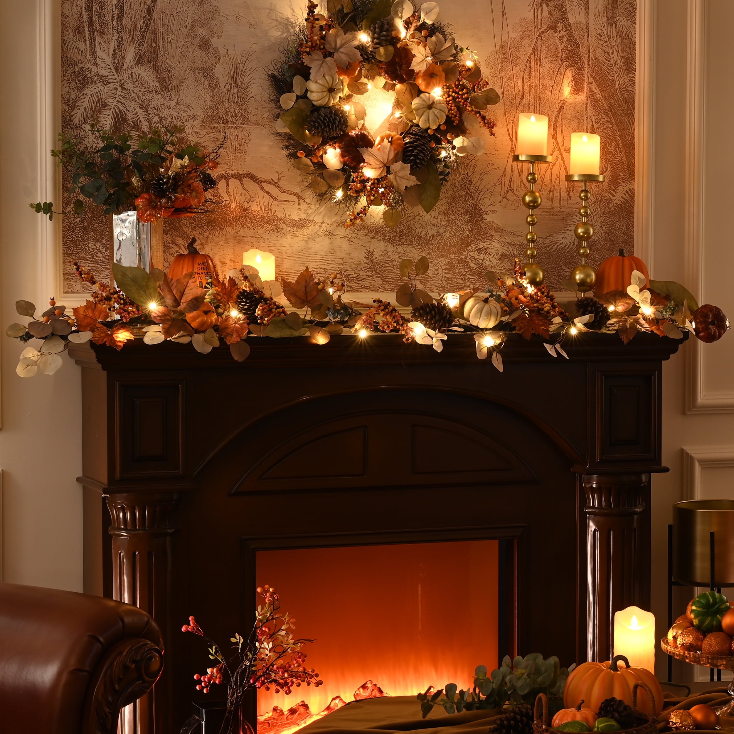 Valery Madelyn 6Ft Pre-Lit Fall Garland Lighted Harvest Garland with Red Orange White Pumpkin & Pine Cone for Thanksgiving Fireplace Farmhouse Front Door Banisters Porch