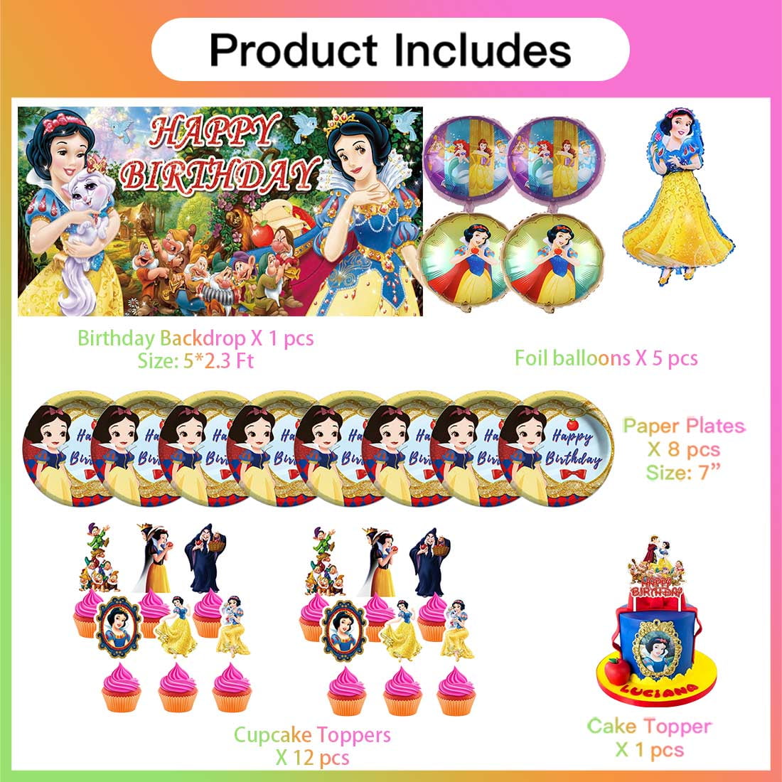 Snow  White Princess Party Supplies Decor Tableware Backdrop Banner Cake Topper Balloons Birthday Decorations
