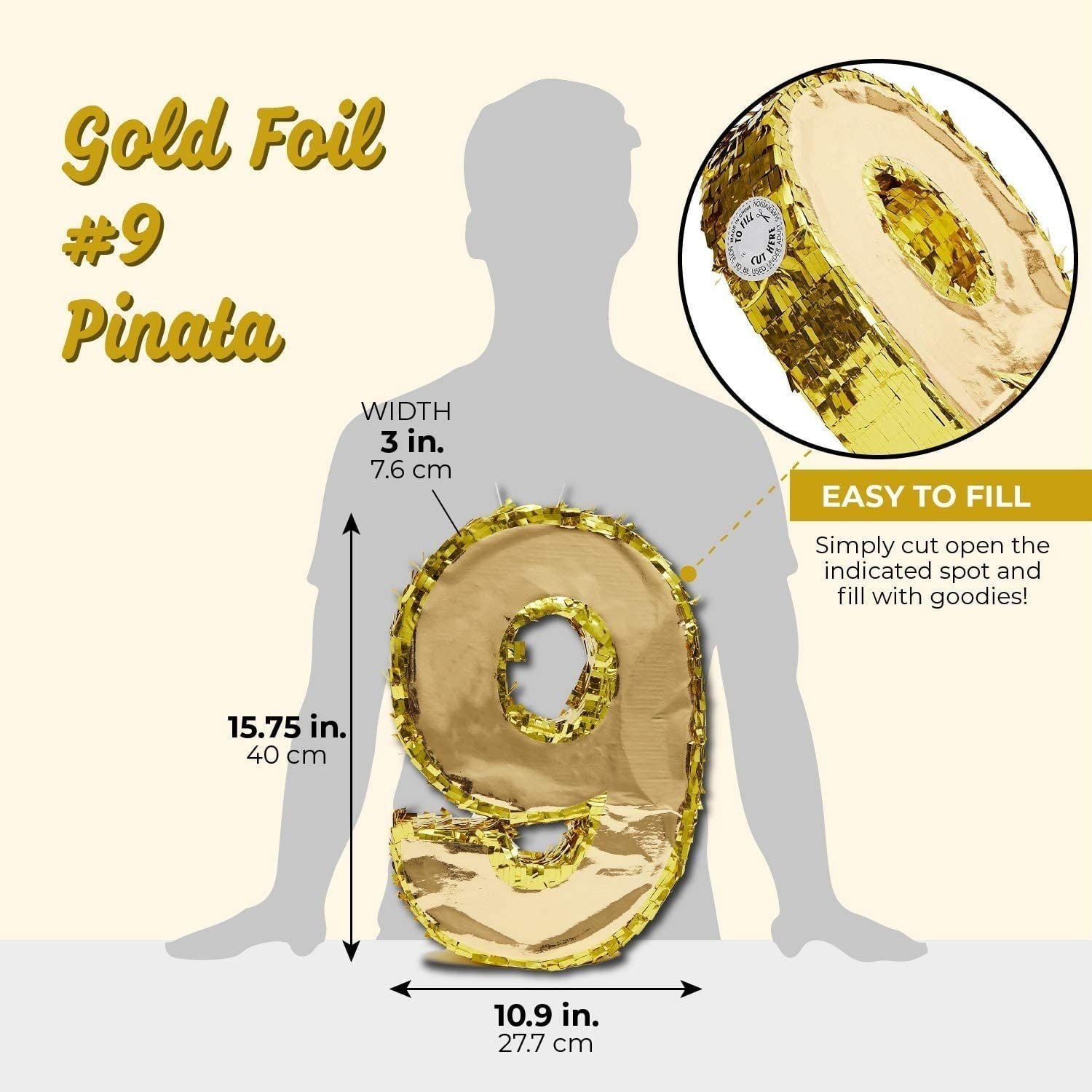 Juvale Gold Foil Number 9 Pinata for Kids Ages 3-14 Birthday Party Decorations, Centerpieces, Anniversary Celebrations, Small (15.5 x 11 x 3 In)