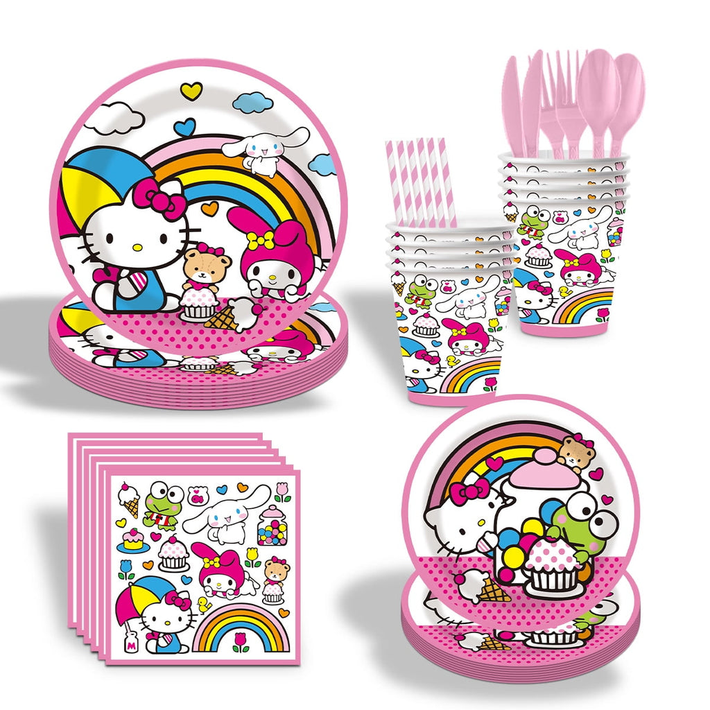 HELLO-KITTY 82/92 PCS Party Supplies, Party Tableware, Disposable Paper Plates- Napkins-Forks Dinnerware Set