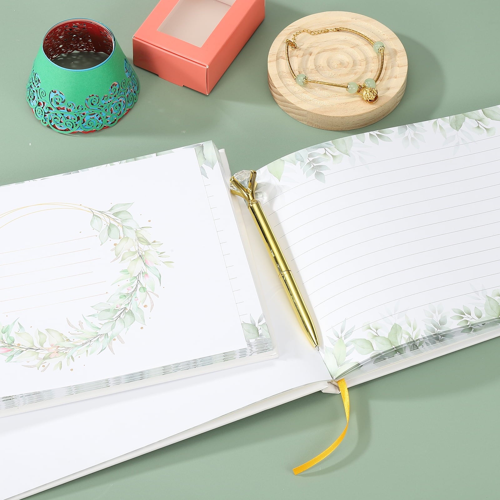 Guest Book, Wedding Guest Sign Book Reception Signature Book Party Decorations Supplies with Diamond Pen for Birthday Bridal Shower, Gold Ring