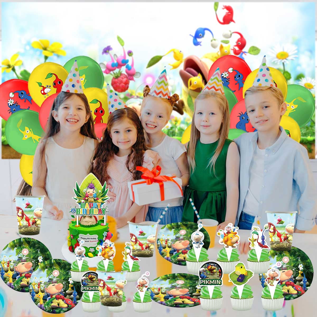 Pikmin Party Supplies Balloons Tableware Birthday Decorations Plates Banner Cake Topper Backdrop