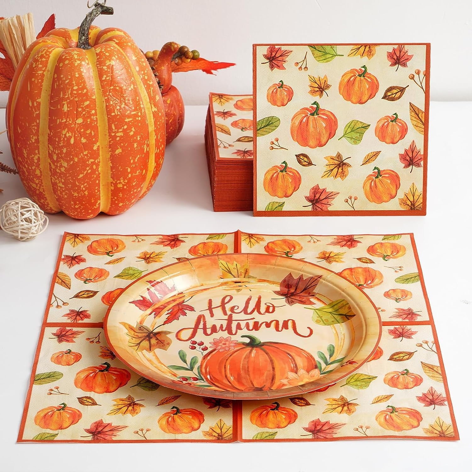 Caltero 200 PCS Fall Plates and Napkins Set Serves 50 Guests, Disposable Fall Pumpkin Party Tableware for Autumn Harvest Thanksgiving Party Supplies