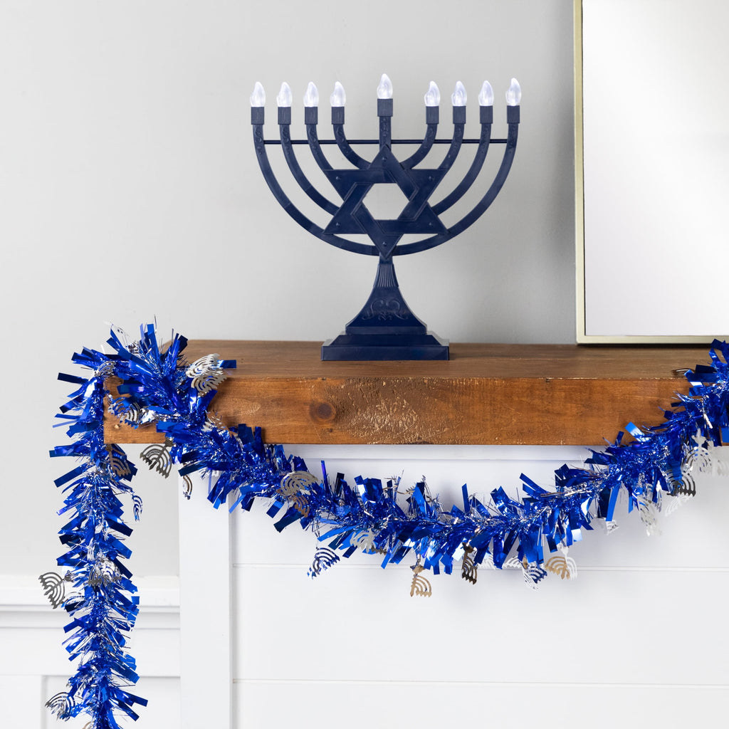 Northlight Menorah Hanukkah Tinsel Garland - 50' x 3.5" - Blue & Silver - Unlit