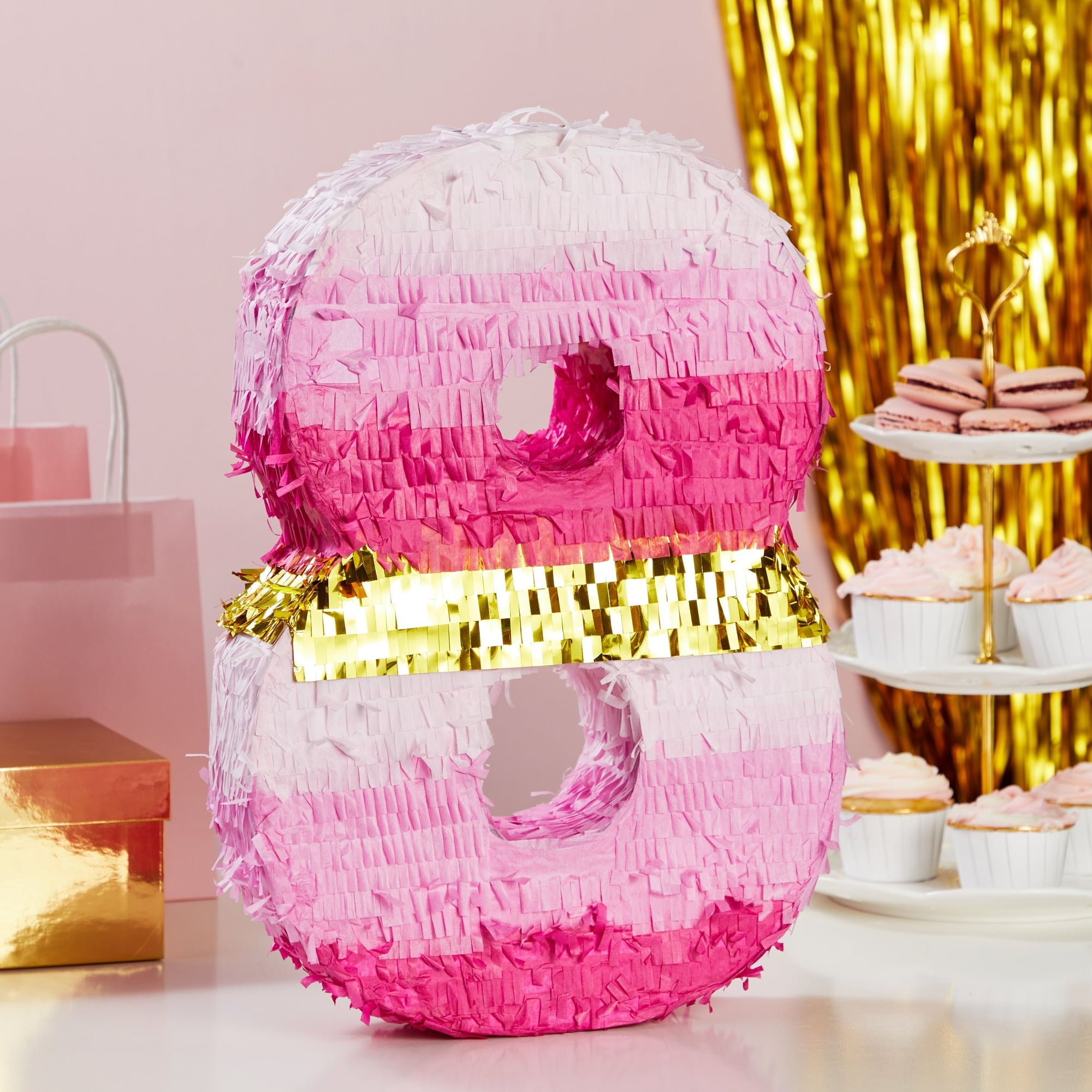 BLUE PANDA Number 8 Pinata, Pink and Gold for Kids Ages 3-14 Birthday Party Decorations, Fiesta, Anniversary Celebration, Small (16.5 x 11 x 3 In)