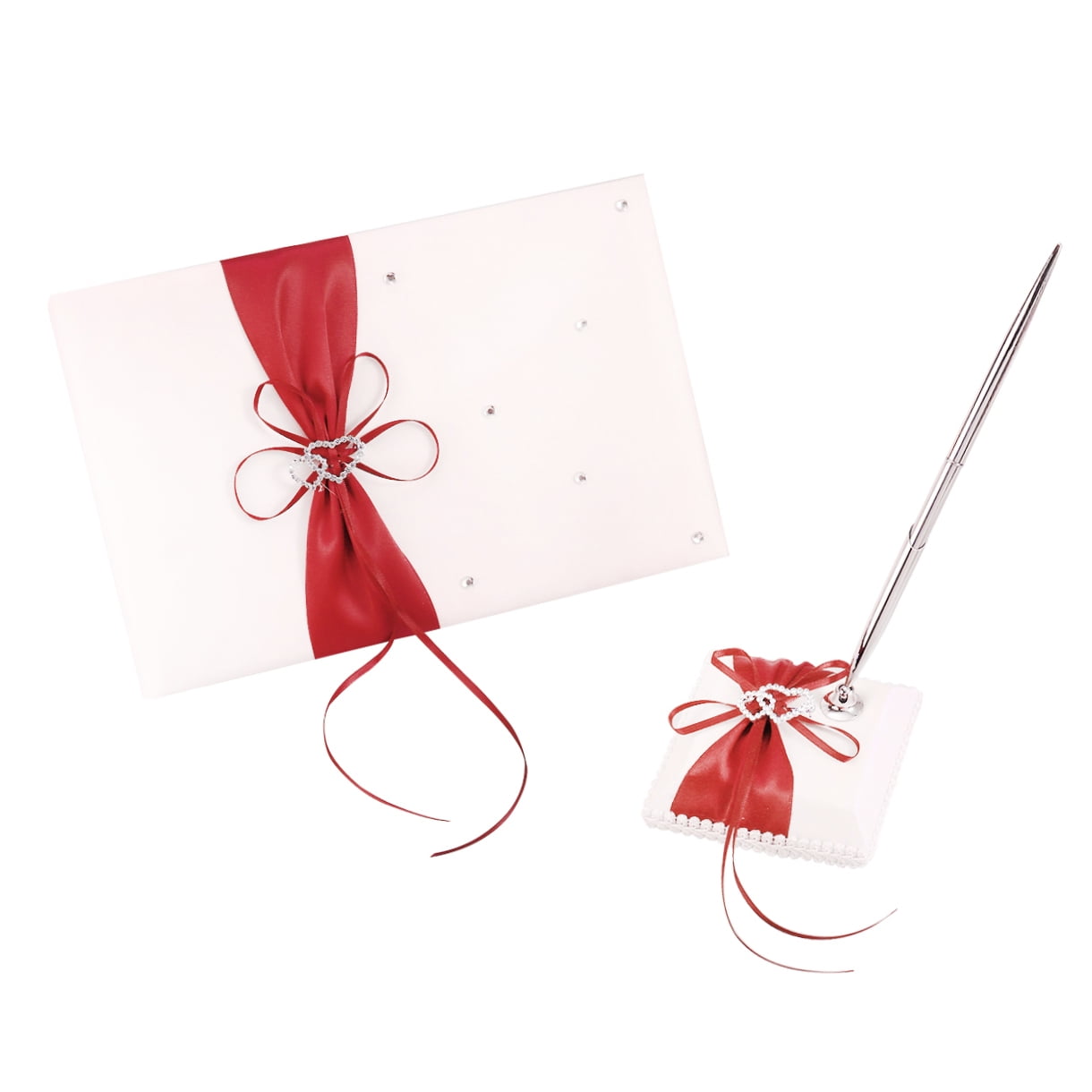 WHAMVOX Weddings Decor Guest Attendance Book with Pen and Pen Stand Sets Satin Bows Signature Book for Party Decorations (Red)