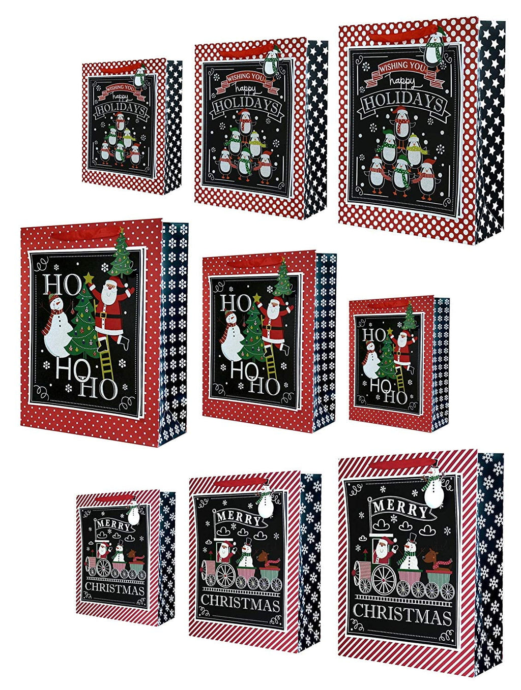 Christmas Gift Bags with Holiday Prints - Large Scale Holiday Design Packages - Easy Gift Storing & Wrapping for Christmas - Pack of 27