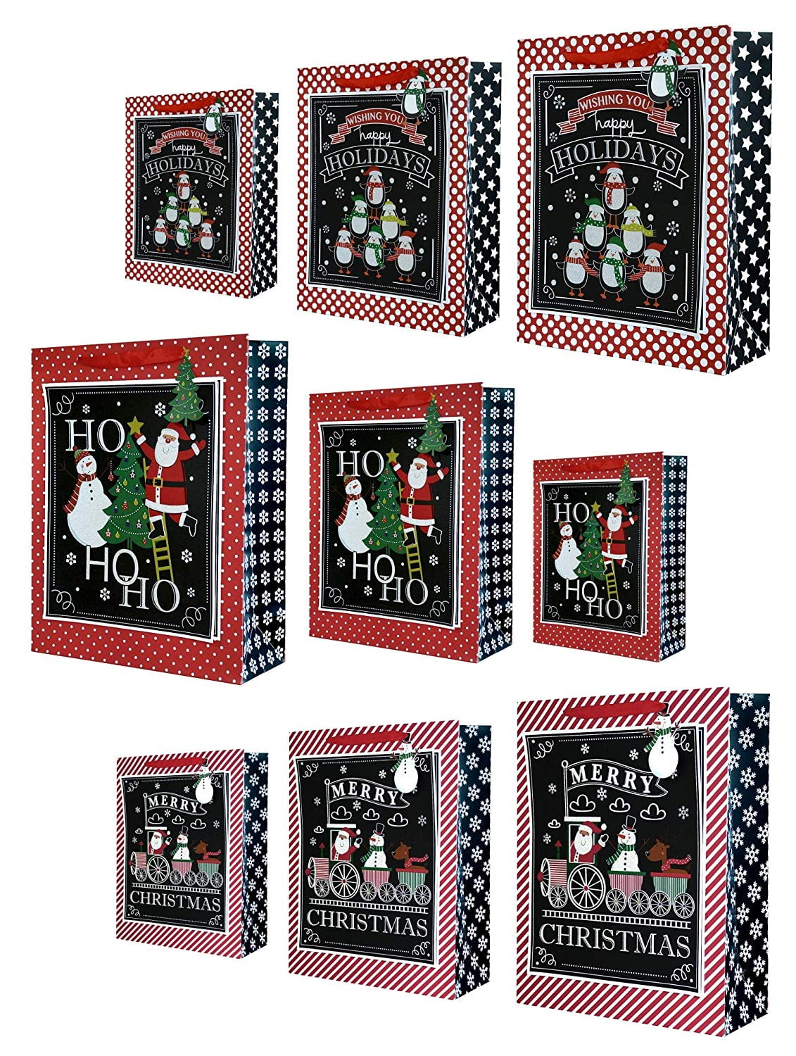 Christmas Gift Bags with Holiday Prints - Large Scale Holiday Design Packages - Easy Gift Storing & Wrapping for Christmas - Pack of 27