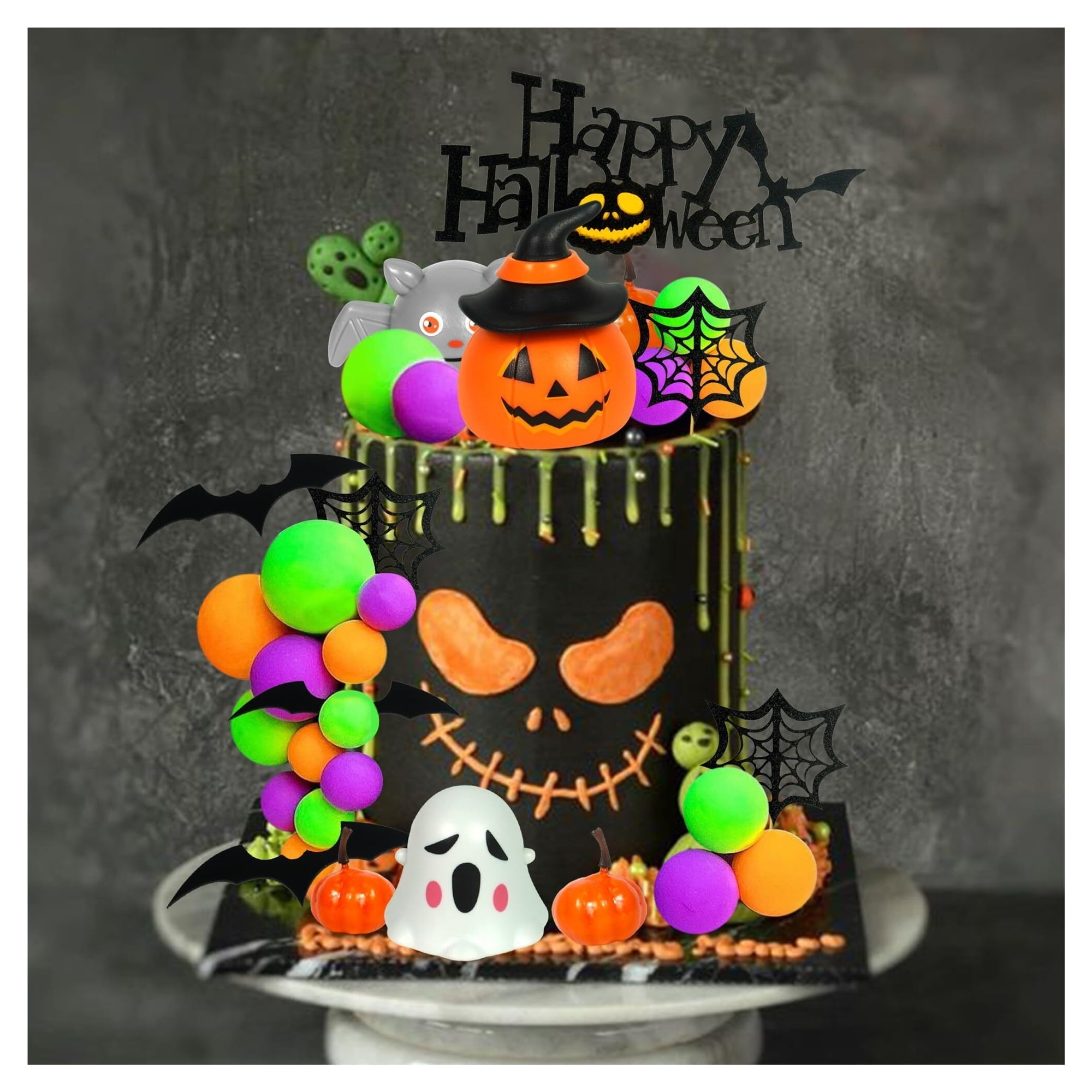 Zhoulg Halloween Cake Toppers 3D Pumpkin Bat Ghost Cake Balls Cake Decorations Happy Halloween Cake Topper For Halloween Party Supplies (Style 01)