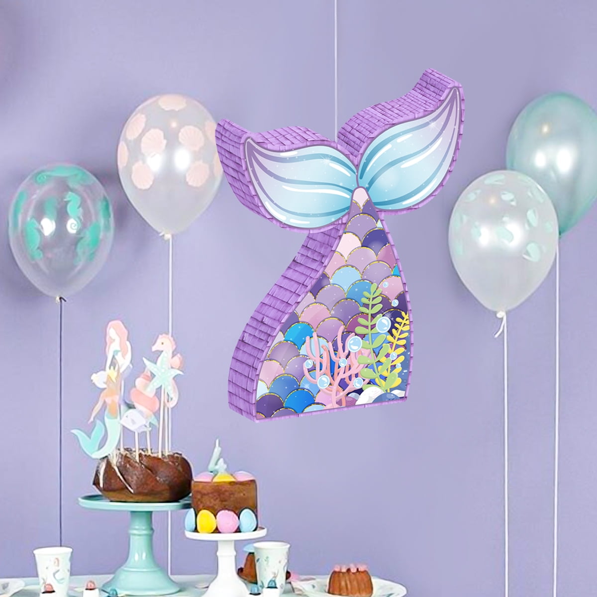 Mermaid Pinata,Mermaid Party Supplies, Mermaid Tail Pinata with Plastic Bat and Paper Blindfold for Kids Ocean Theme Party Game Carnival Activity Decoration (16.1''X12.4''X2.9'')