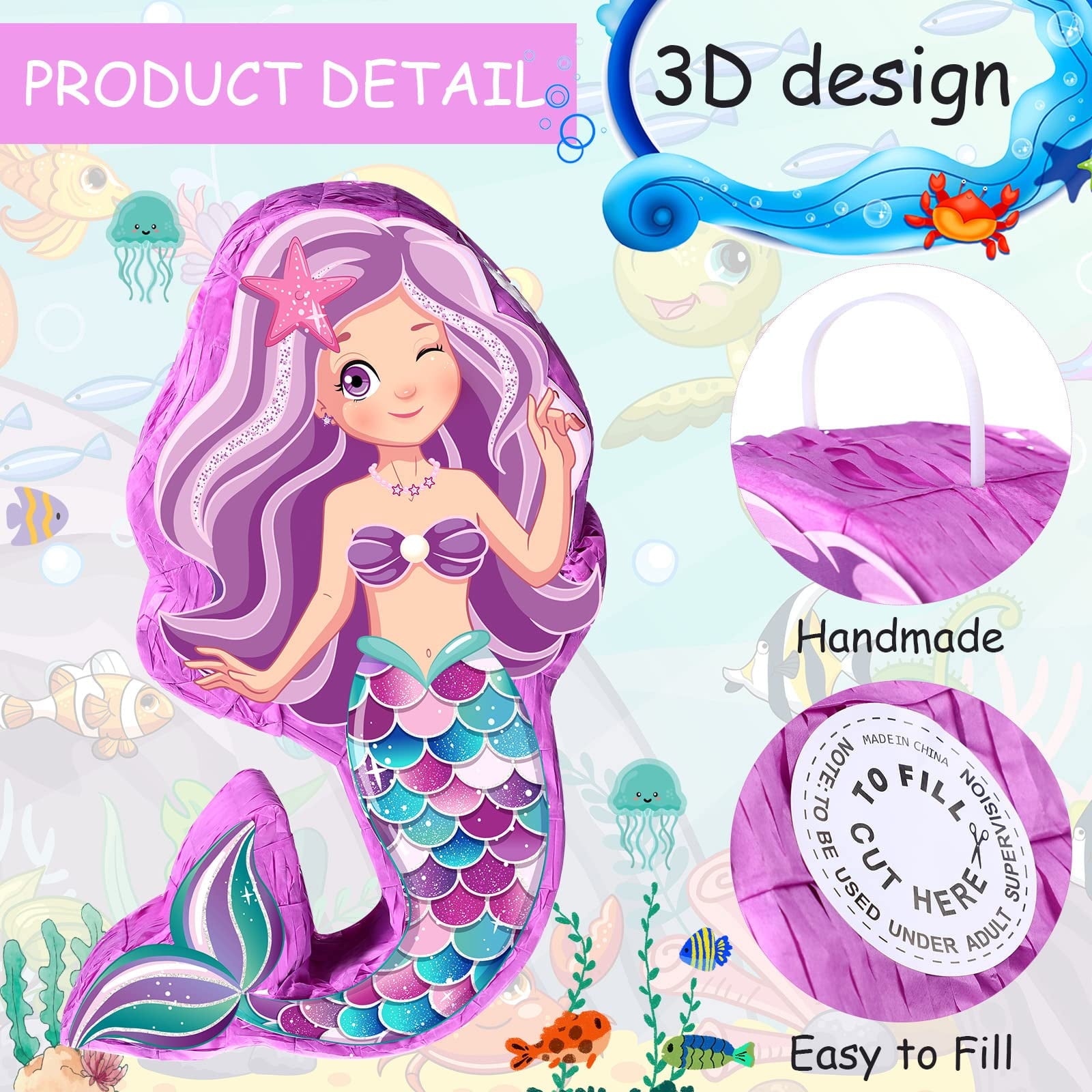 JBee Ctrl Mermaid Pinata - Mermaid Party Supplies Pinata Bundle with Blindfold and Bat for Girls Kids Ocean Theme Birthday Party Game Decorations (15.8" x 11.8" x 3.5")