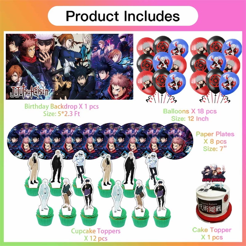 Jujutsu Kaisen Party Supplies Cake Topper Decor Banner Backdrop Tableware Balloons Birthday Decorations