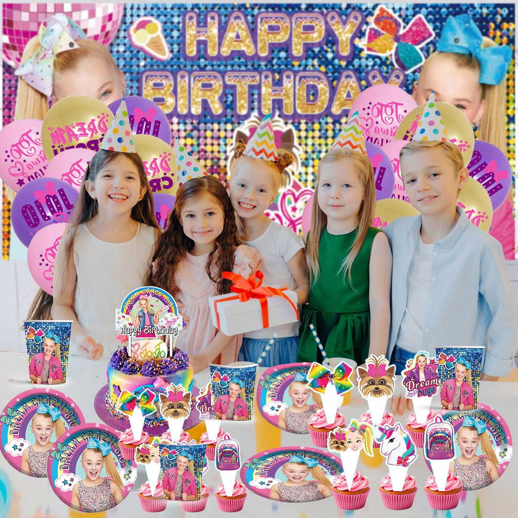 JOJO Siwa Party Supplies Balloons Tableware Decorations Birthday Plates Cake Topper Decor Banner Backdrop