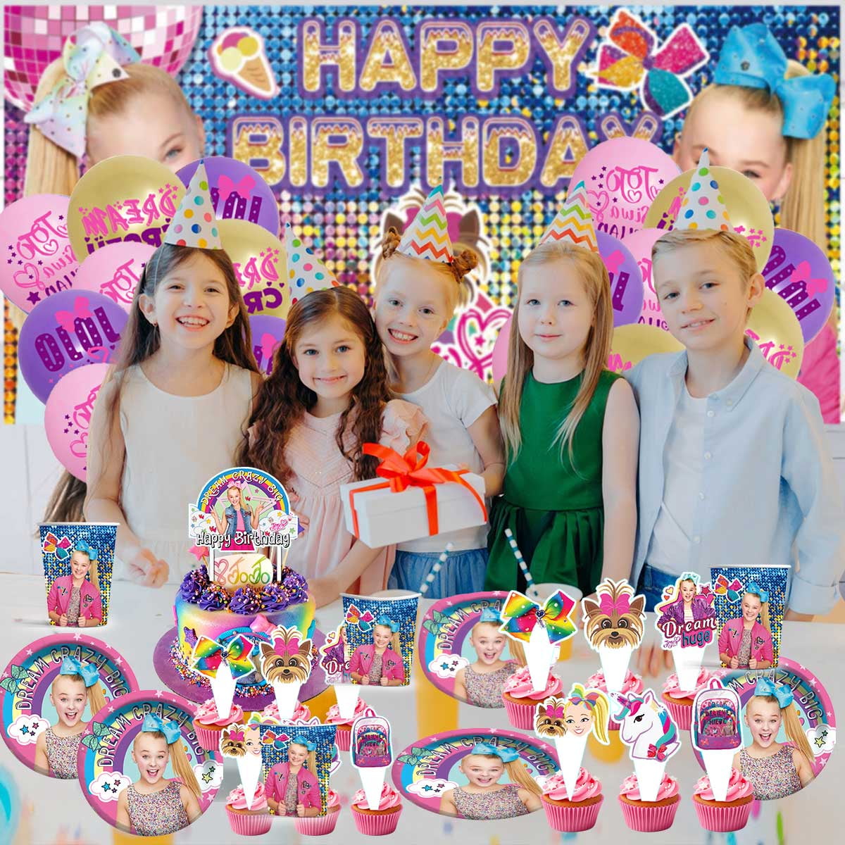 JOJO Siwa Party Supplies Balloons Tableware Decorations Birthday Plates Cake Topper Decor Banner Backdrop