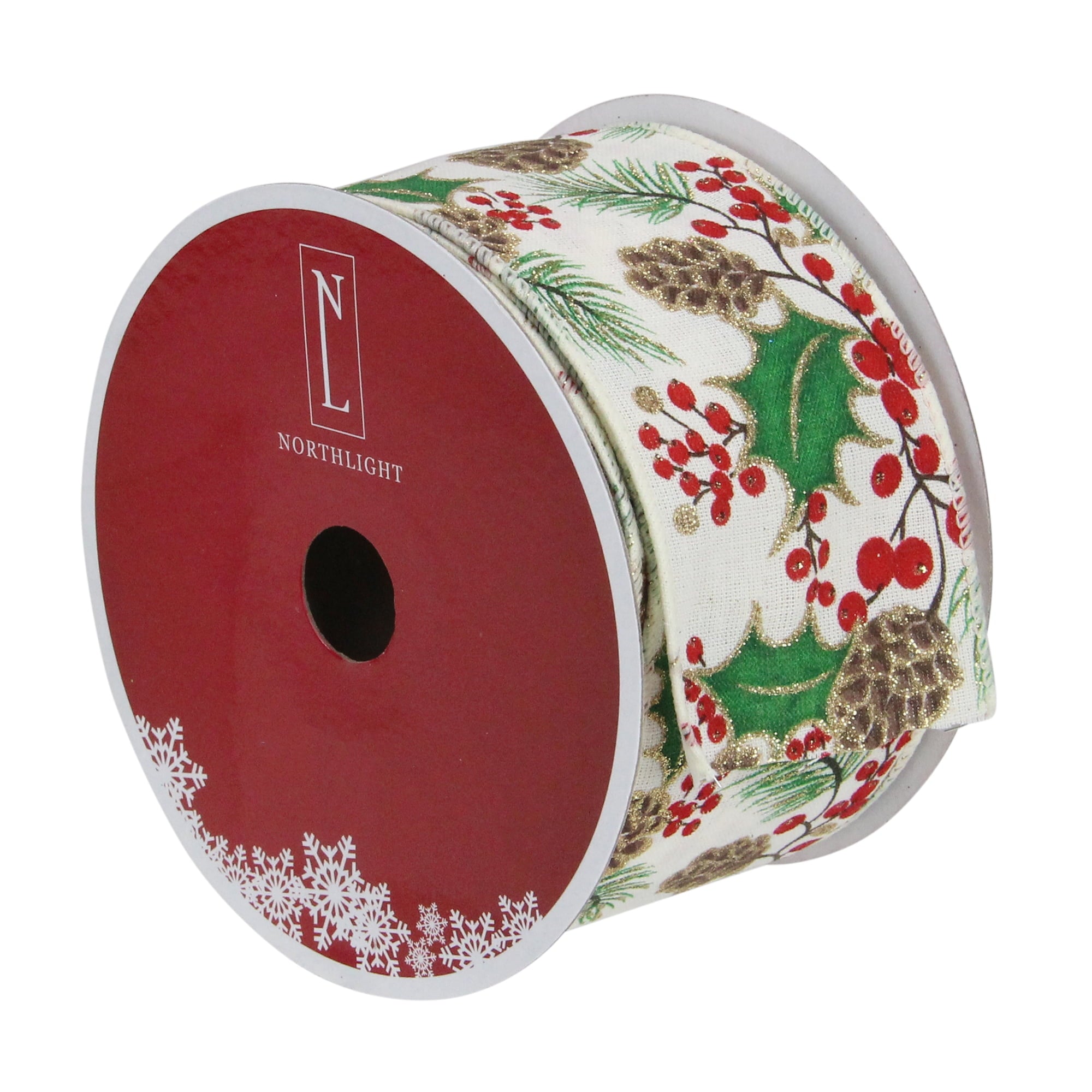 Northlight Glitter White and Green Holly Berries Christmas Wired Craft Ribbon 2.5" x 16 Yards