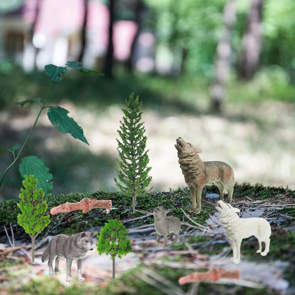 Sratte 26 Pcs Woodland Wolf Figurines Toys Model Trees Kit with Wolf Figurine Wolf Toy Playset Diorama Project Kit Cake Toppers for Kids Toddlers Birthday Gift Decor