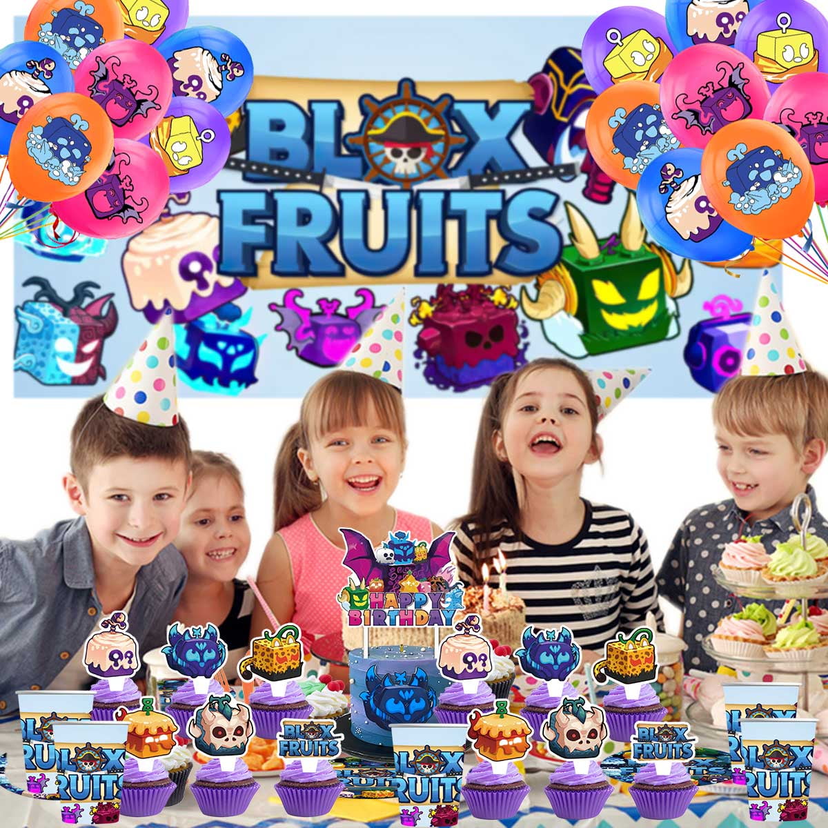 Blox Fruits Birthday Party Supplies Balloons Plates Decoration Cake Topper Decor Tableware Banner Backdrop