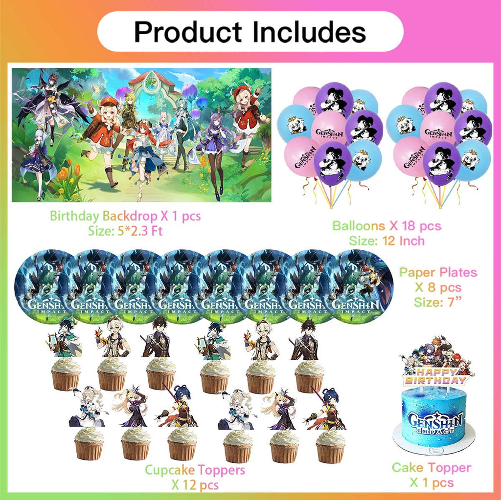 Genshin Impact Party Supplies Cake Topper Decor Banner Backdrop Tableware Balloons Birthday Decorations