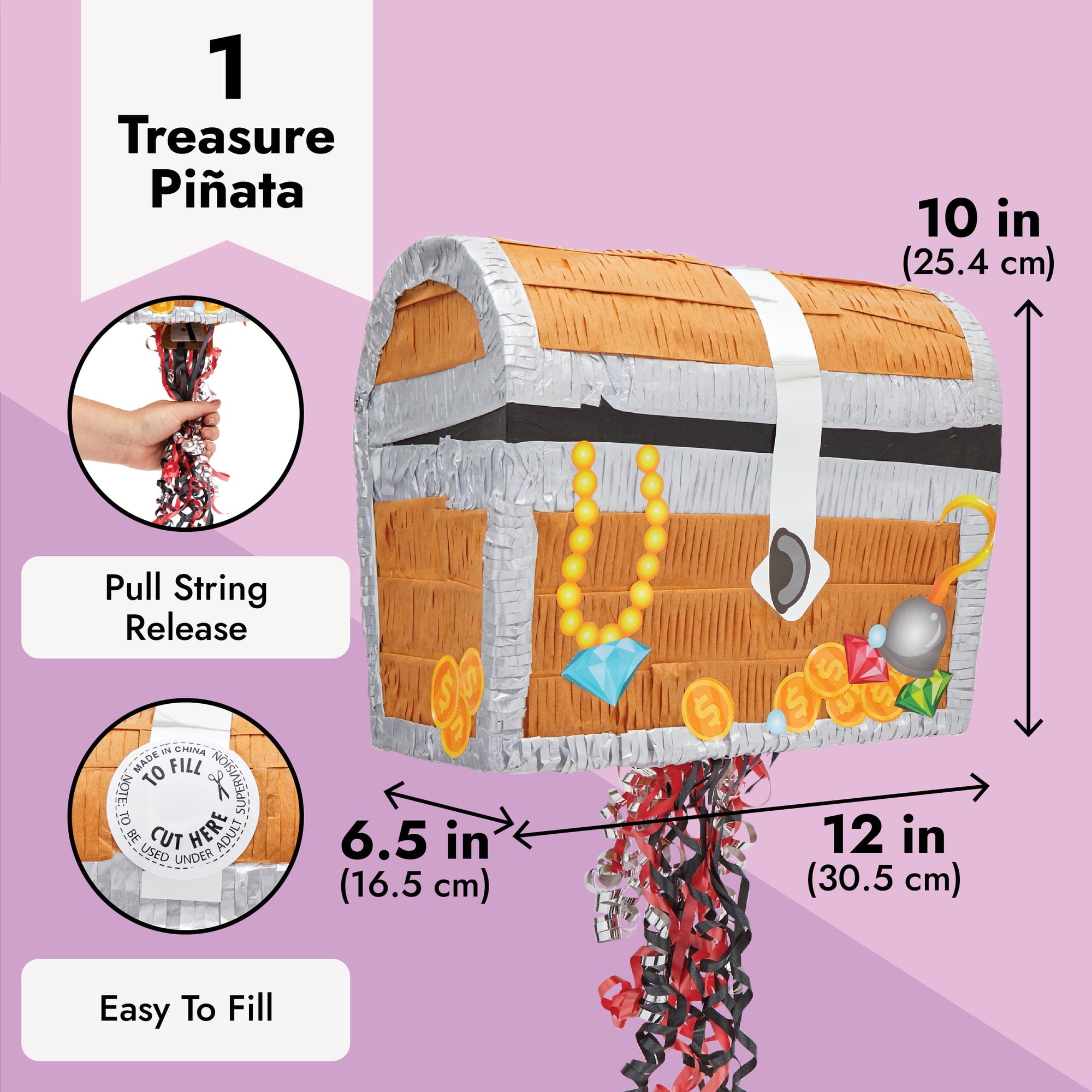 Treasure Chest Pinata - Pull String Pirate Themed Pinata, Under the Sea, Adventure Themed Party Decorations (Small, 12 x 6.5 x 10 In), For Ages 3+