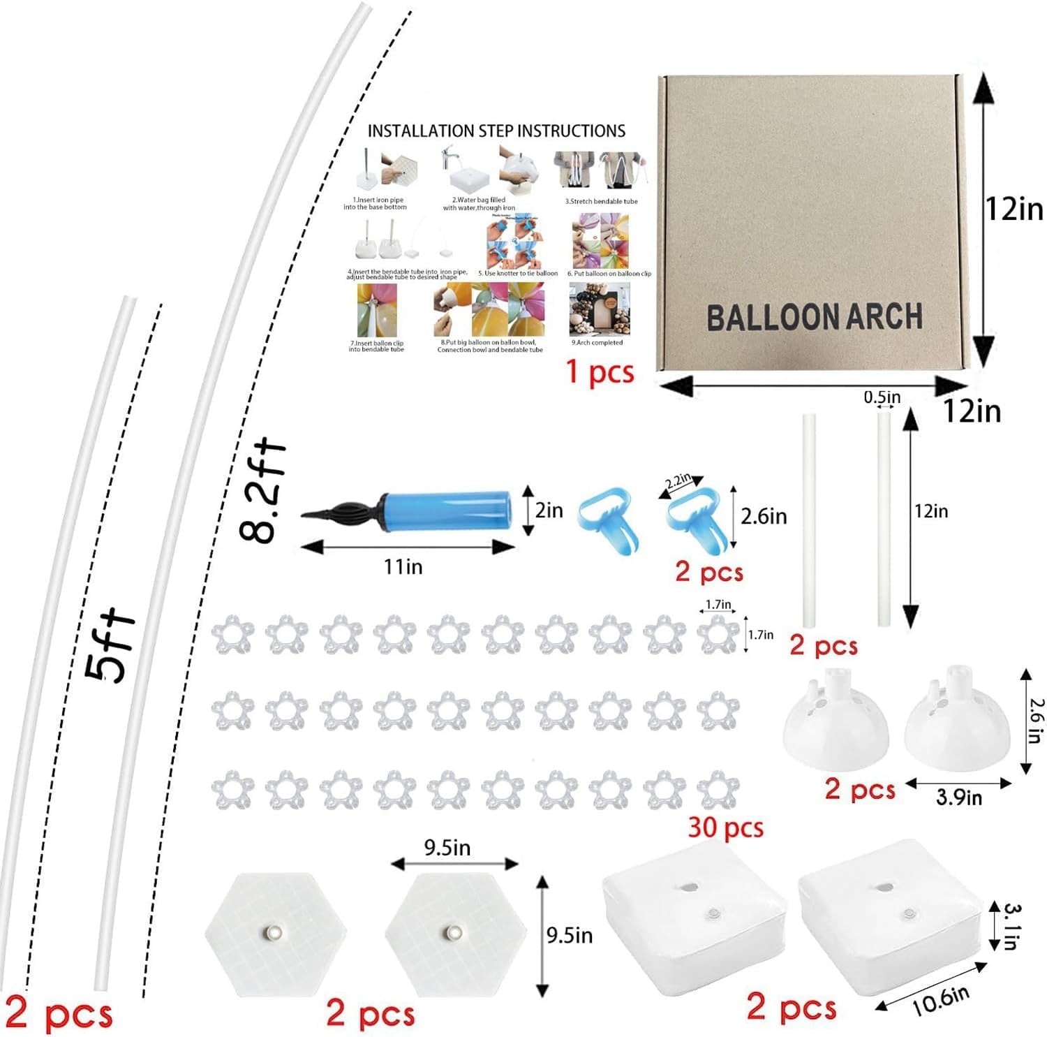 Ikerall Balloon Arch (White) Kit is 8.2 feet high and 5 feet wide with 30 balloon clips, a balloon pump, and other accessories DIY Free Bending Shape Half Arch Aluminum Alloy Material Bracket with PV