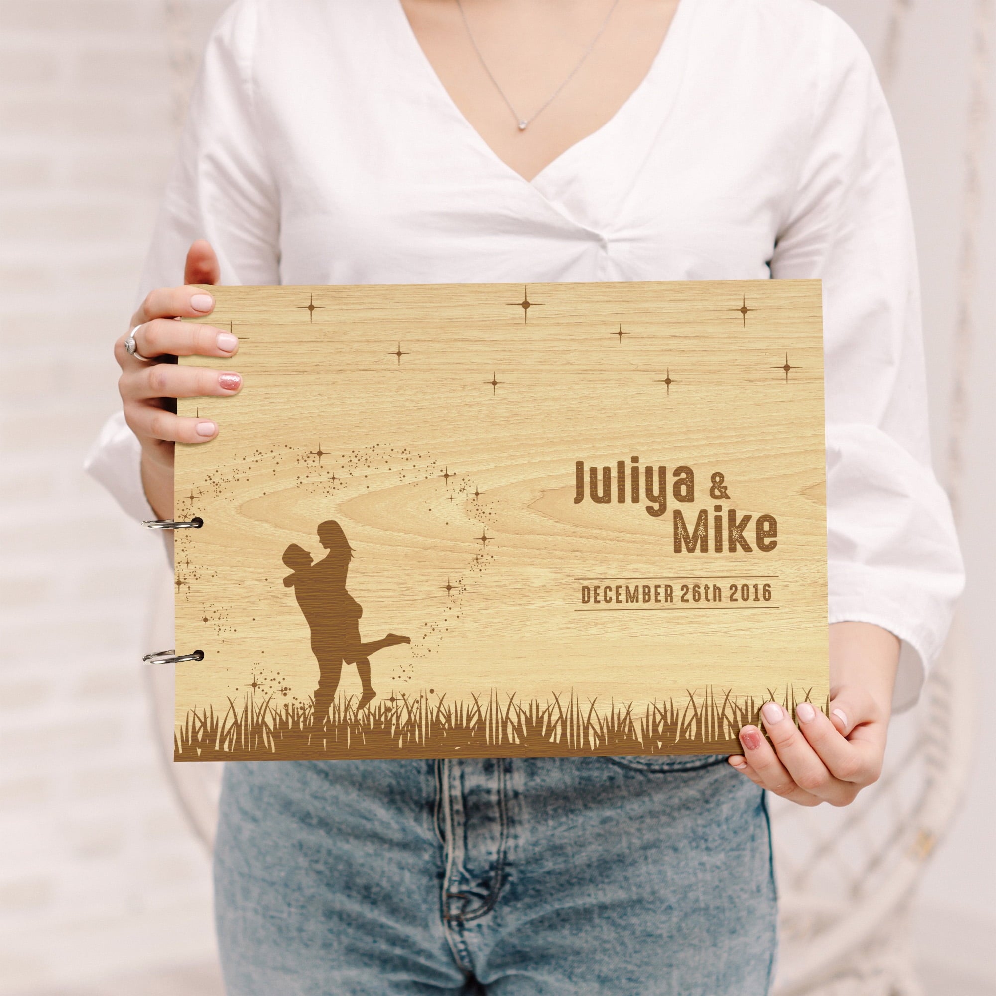 Darling Souvenir Personalized Engraved Laser Cut Wedding Guest Book Wooden Cover Sign-in Book Registry Guestbook Scrapbook-PF