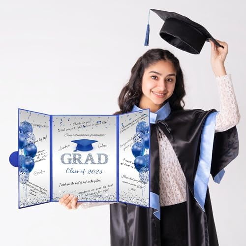 Blue Silver Graduation Party Decorations, Blue Class of 2025 Congratulations Graduates Alternative Signature Guest Book for Men Happy Graduation Gifts Congrats Grad Party Signing Card Board