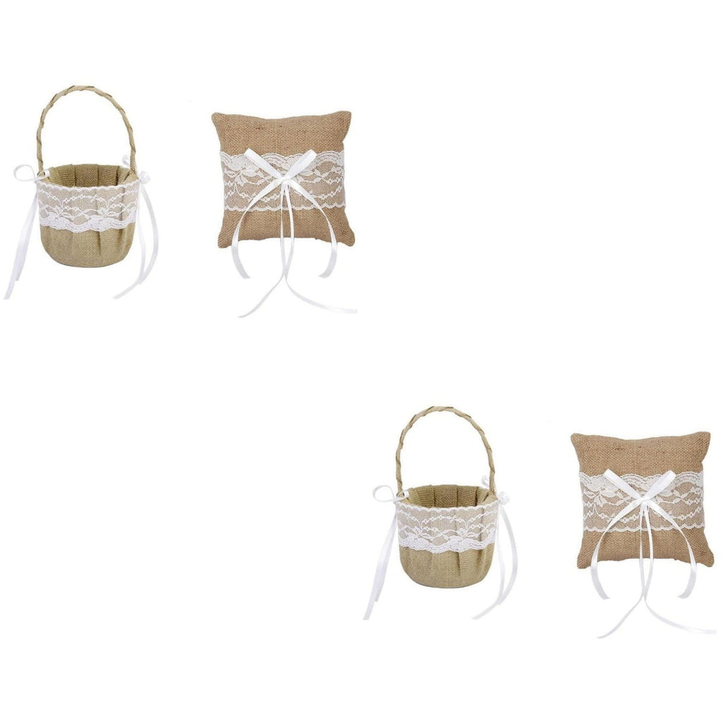 Raindrops 2pcs Set of 6*6'' Generic Burlap Jute & Lace Flower Basket Ring Bearer Pillow Cushion Rustic Country Wedding