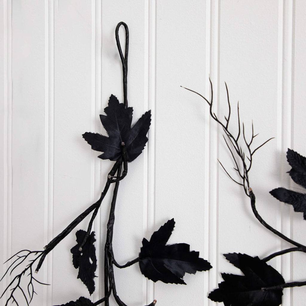 Nearly Natural 6.5ft. Pre-Lit Artificial Halloween Black Maple Garland with 48 Orange & Purple LED Lights