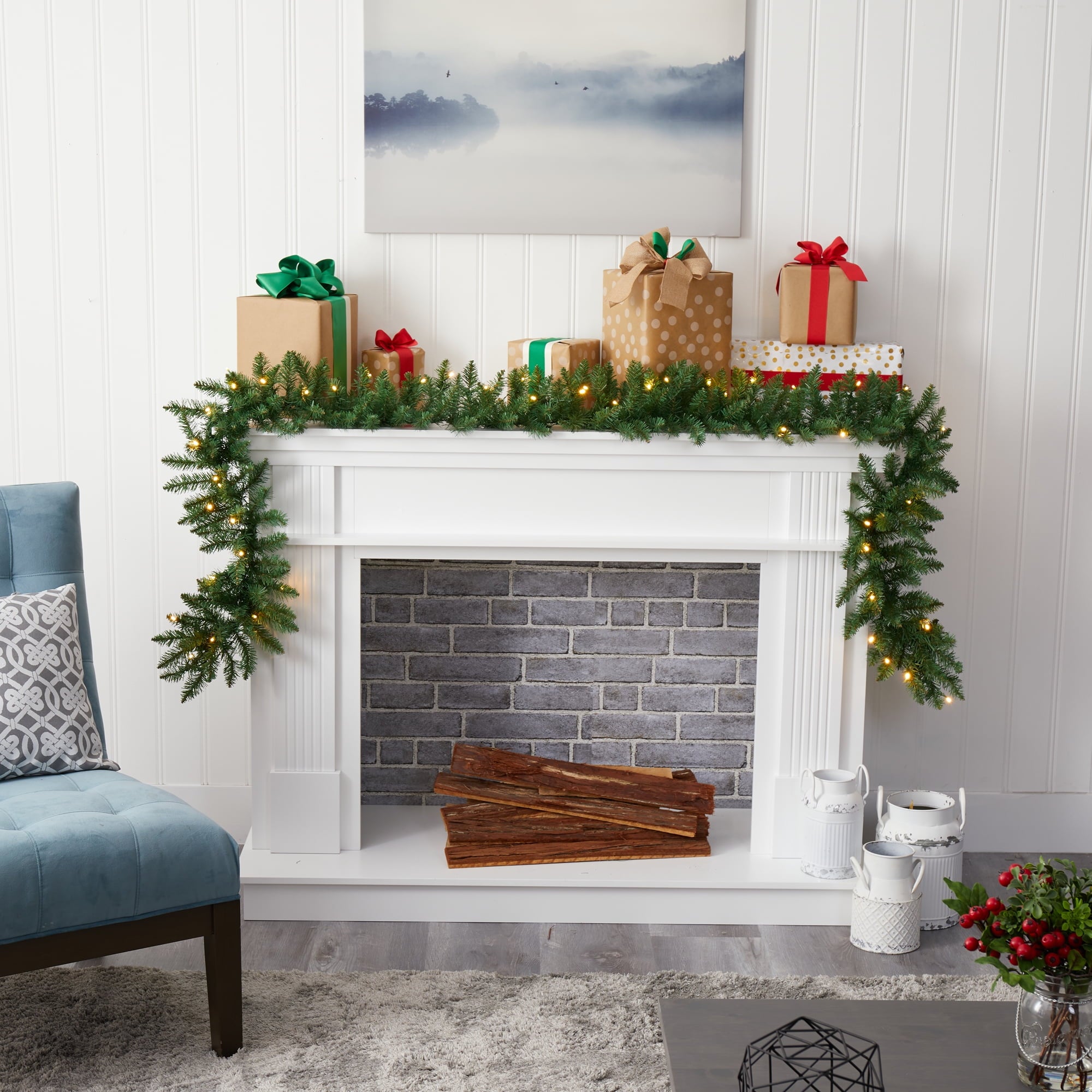 Nearly Natural Holiday Pine Prelit Battery Operated Garland, 5.00" (Green)