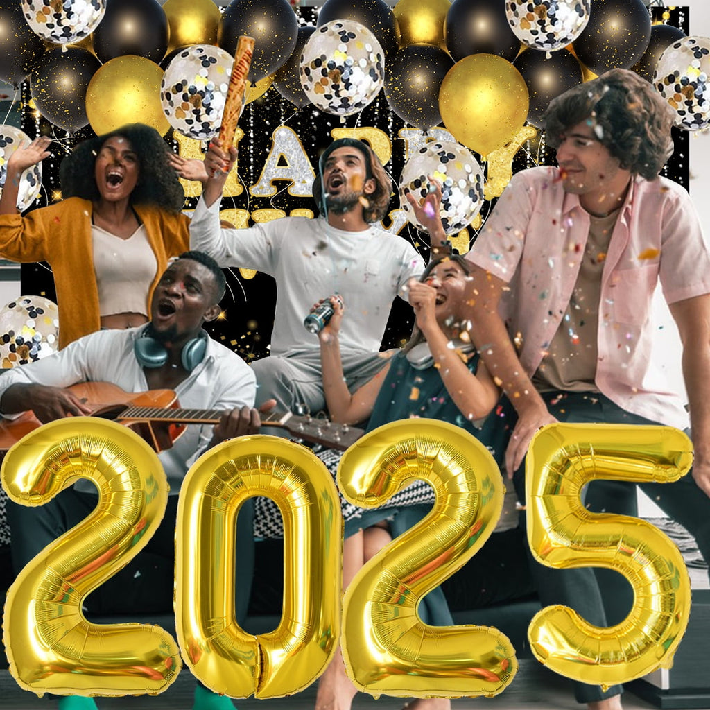 New Years Eve Party Supplies Decorations 2025 Set Large Happy New Year Banner Backdrop Gold Balloons 2025 41Pcs