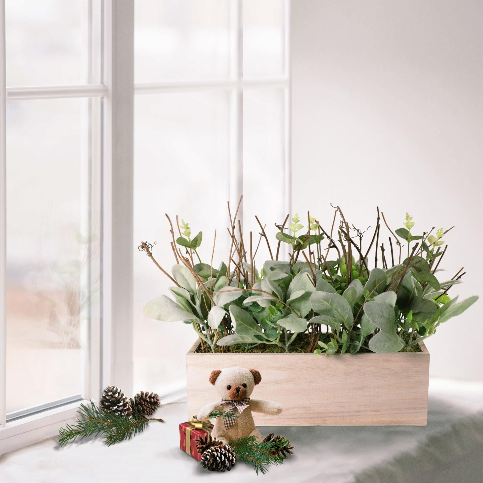 Puleo International 11 in. Lambs Ear Centerpiece with Twigs & Greenery Leaves in Wood Planter