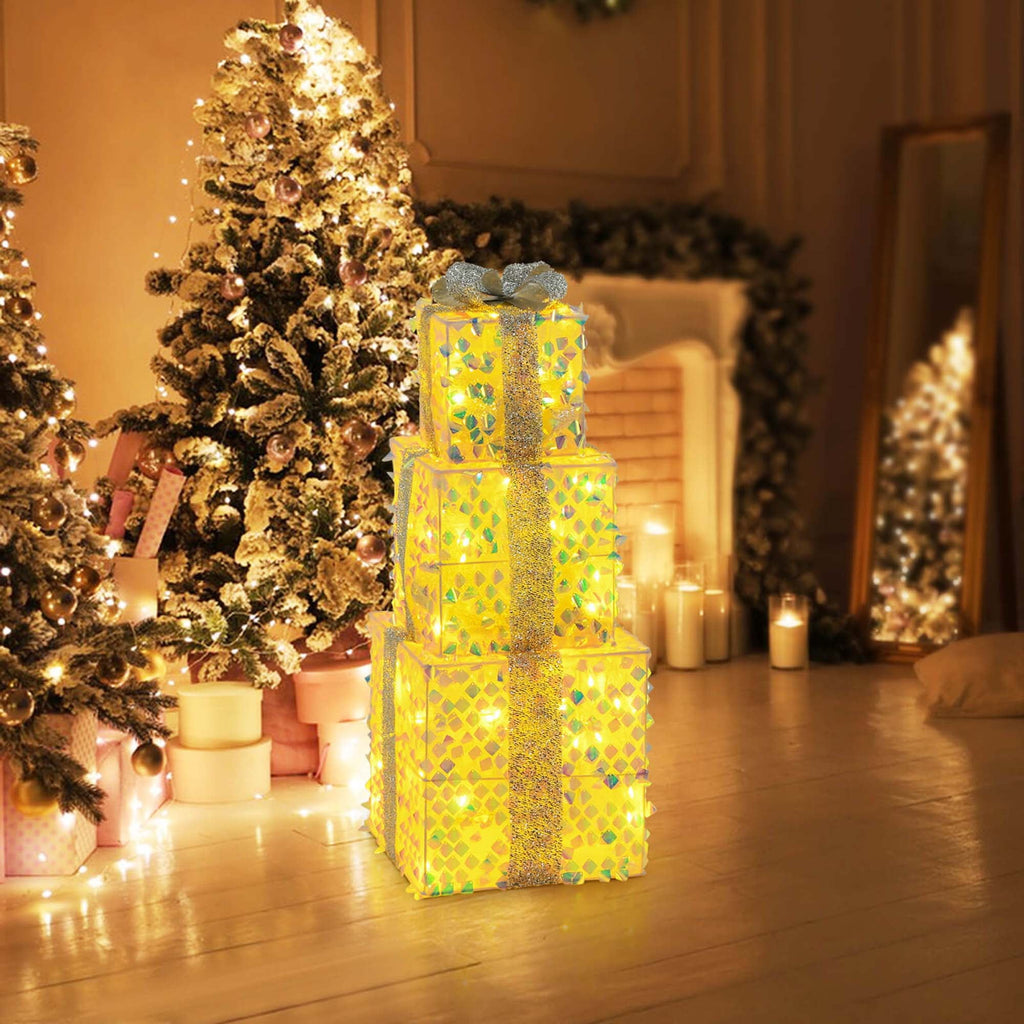 Costway 3 PCS Christmas Lighted Gift Boxes with 90 LED Lights Zip Ties Ground Stakes