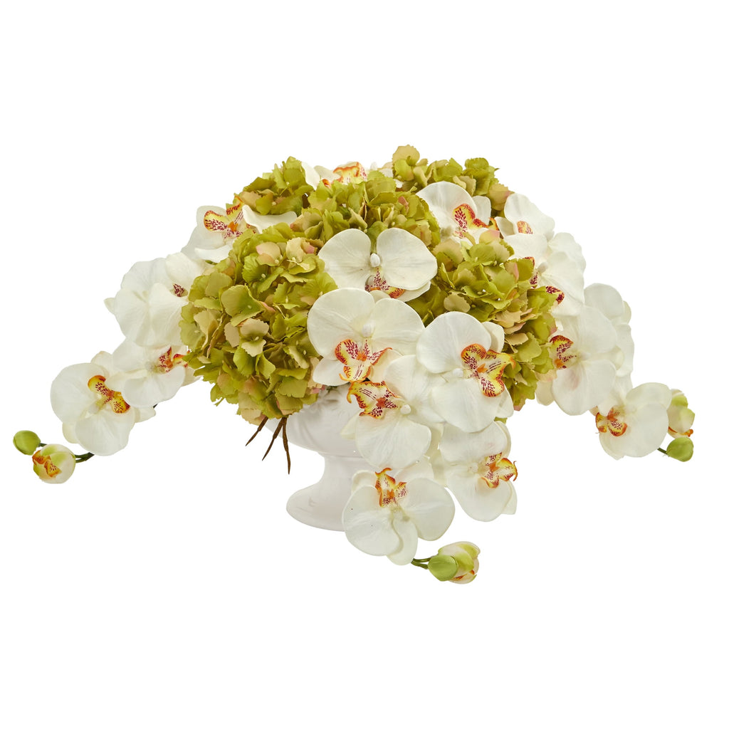 Nearly Natural Phalaenopsis and Hydrangea Artificial Arrangement in Pedestal Urn
