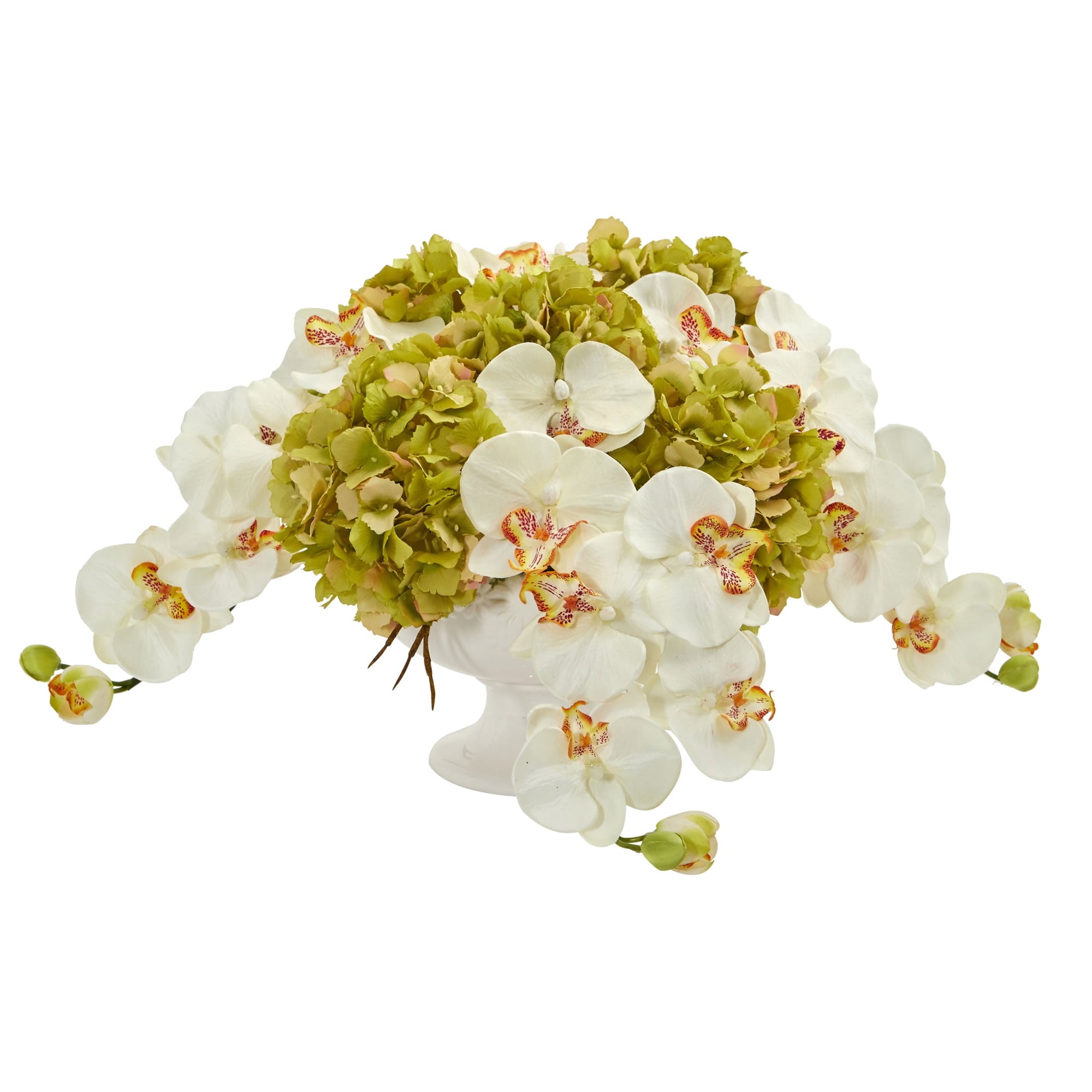 Nearly Natural Phalaenopsis and Hydrangea Artificial Arrangement in Pedestal Urn