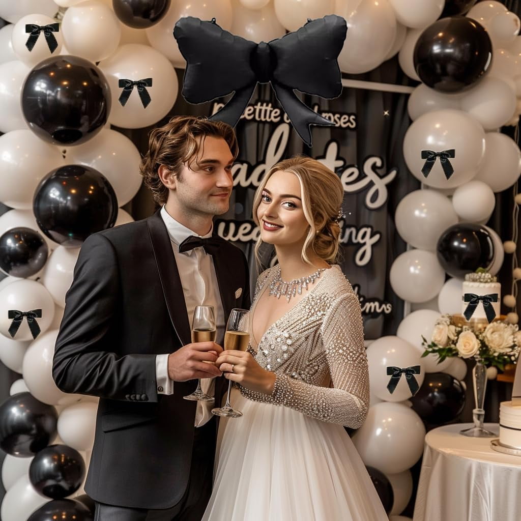 Black Bow Birthday Party Decorations 122pcs black Ivory White Double Stuffed Pearl White Balloons with Black Bow Foil Balloons for Girl Coquette Birthday Wedding Bridal Party Decorations