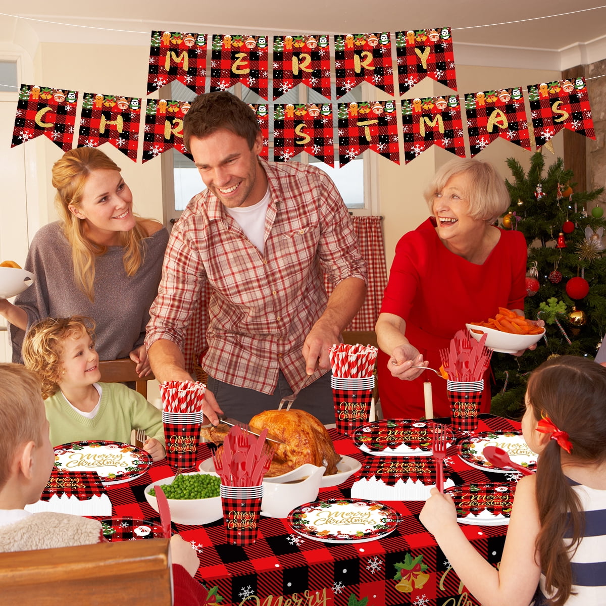 Christmas Paper Plates and Napkins Disposable Dinnerware Christmas Party Supplies Xmas Tableware Set for 24 guests