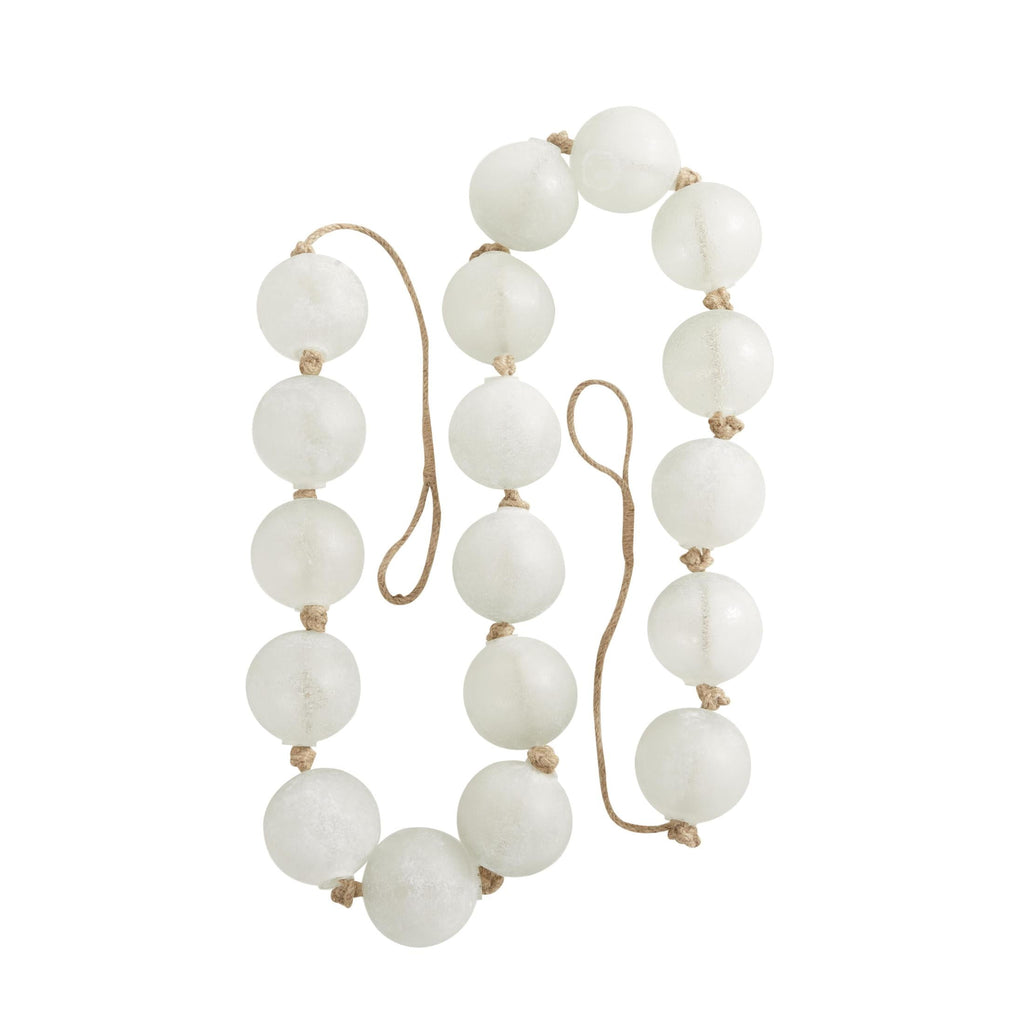 DecMode Handmade Round Extra Long Frosted Orb White Glass Garland with Tassel with Knotted Jute Rope
