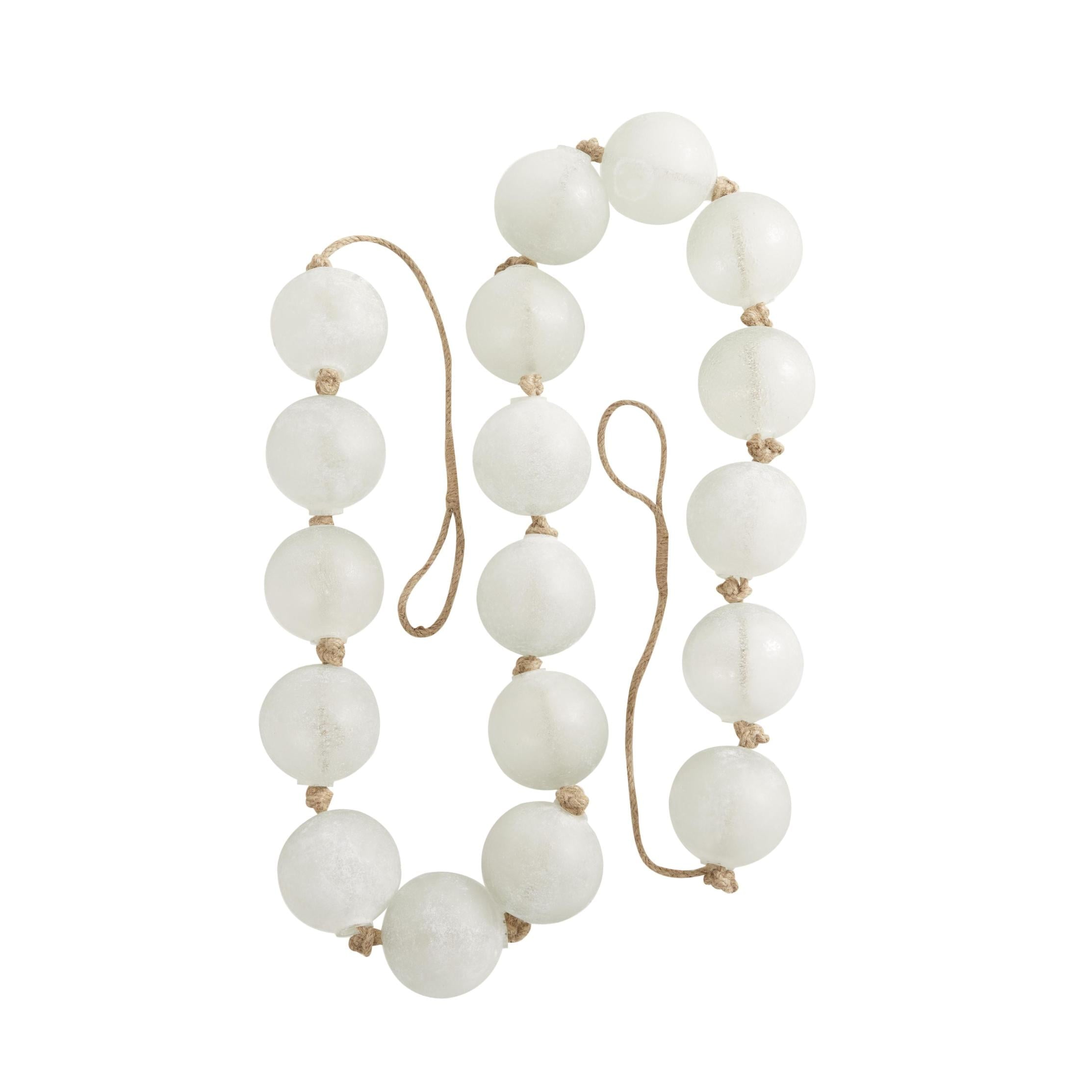 DecMode Handmade Round Extra Long Frosted Orb White Glass Garland with Tassel with Knotted Jute Rope
