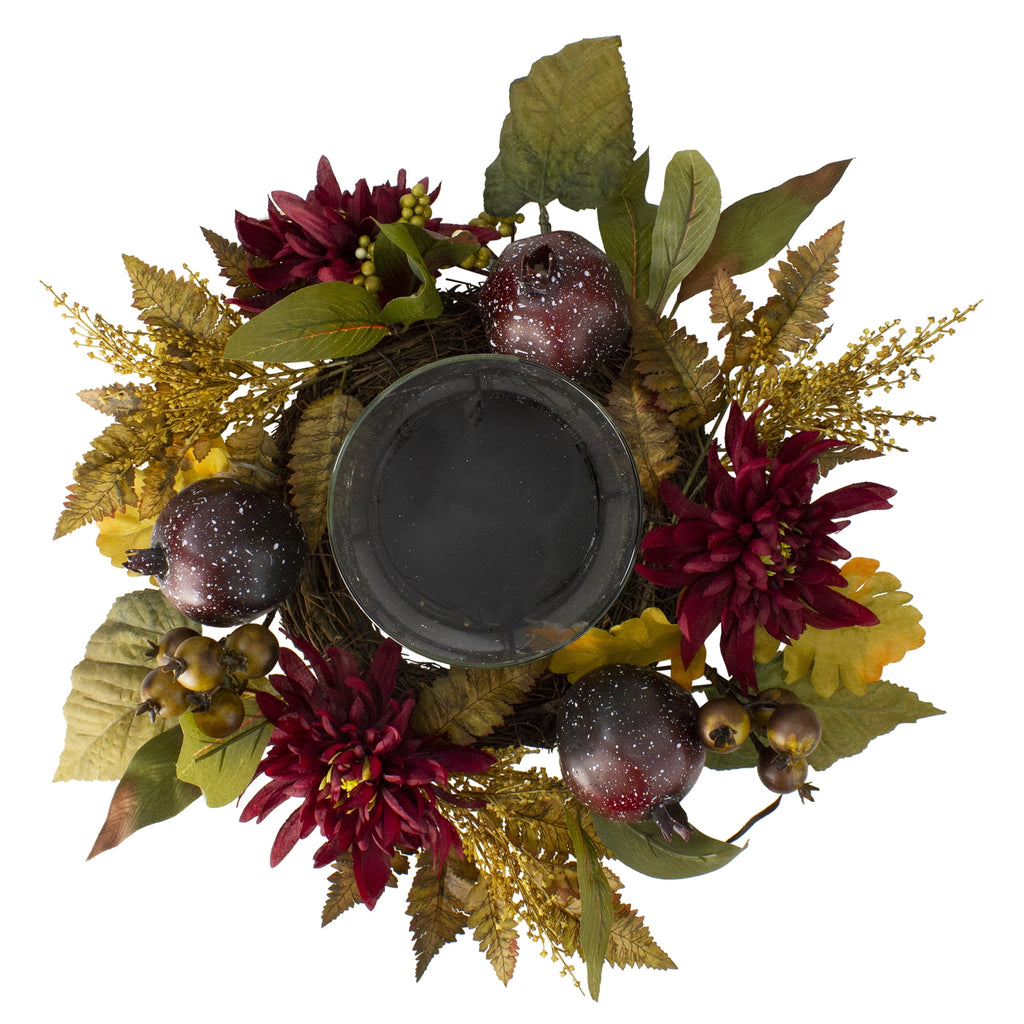22" Autumn Harvest Mums with Pomegranate Autumn Centerpiece Glass Candle Holder