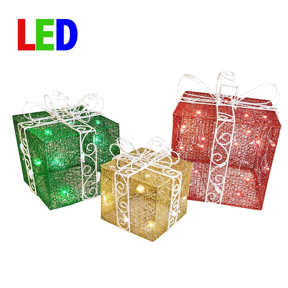 Novelty Lights LED Pre-Lit Twinkle Glittered White Gift Boxes at Christmas for Under Tree Decoration, 70 lights, Pure White, Set of 3