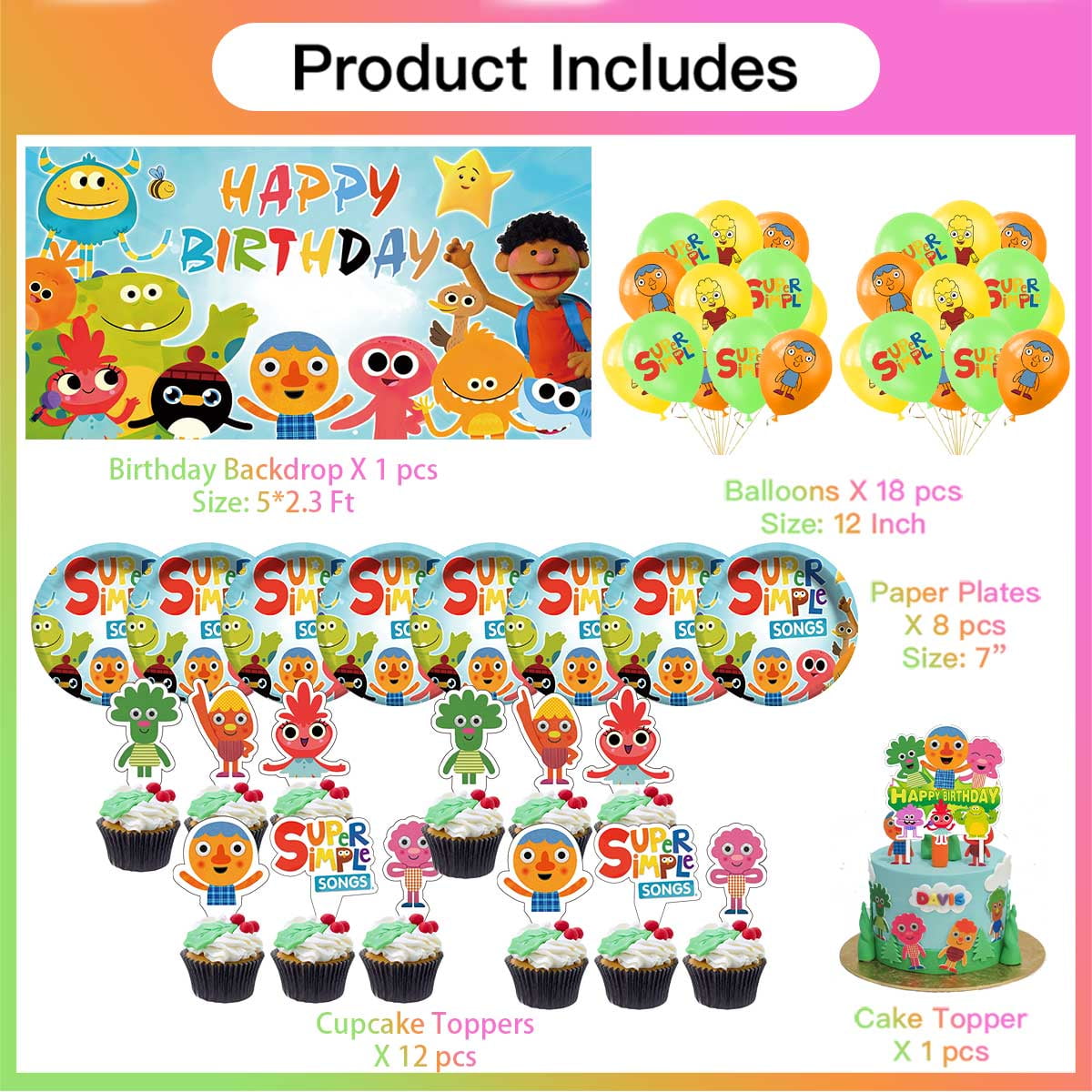 Super Simple Songs Party Decorations Plates Tableware Banner Backdrop Balloons Birthday Decor Cake Topper Fans