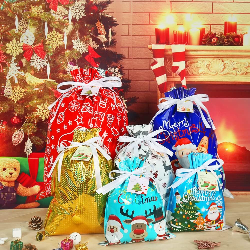 Gxrteck 45Pcs Christmas Gift Bags, Assorted Sizes for Holiday Presents, Drawstring Christmas Bags Small Medium Large for Gift Wrapping, Xmas Gift Bags with Tags Ribbon Ties, Christmas Party Supplies