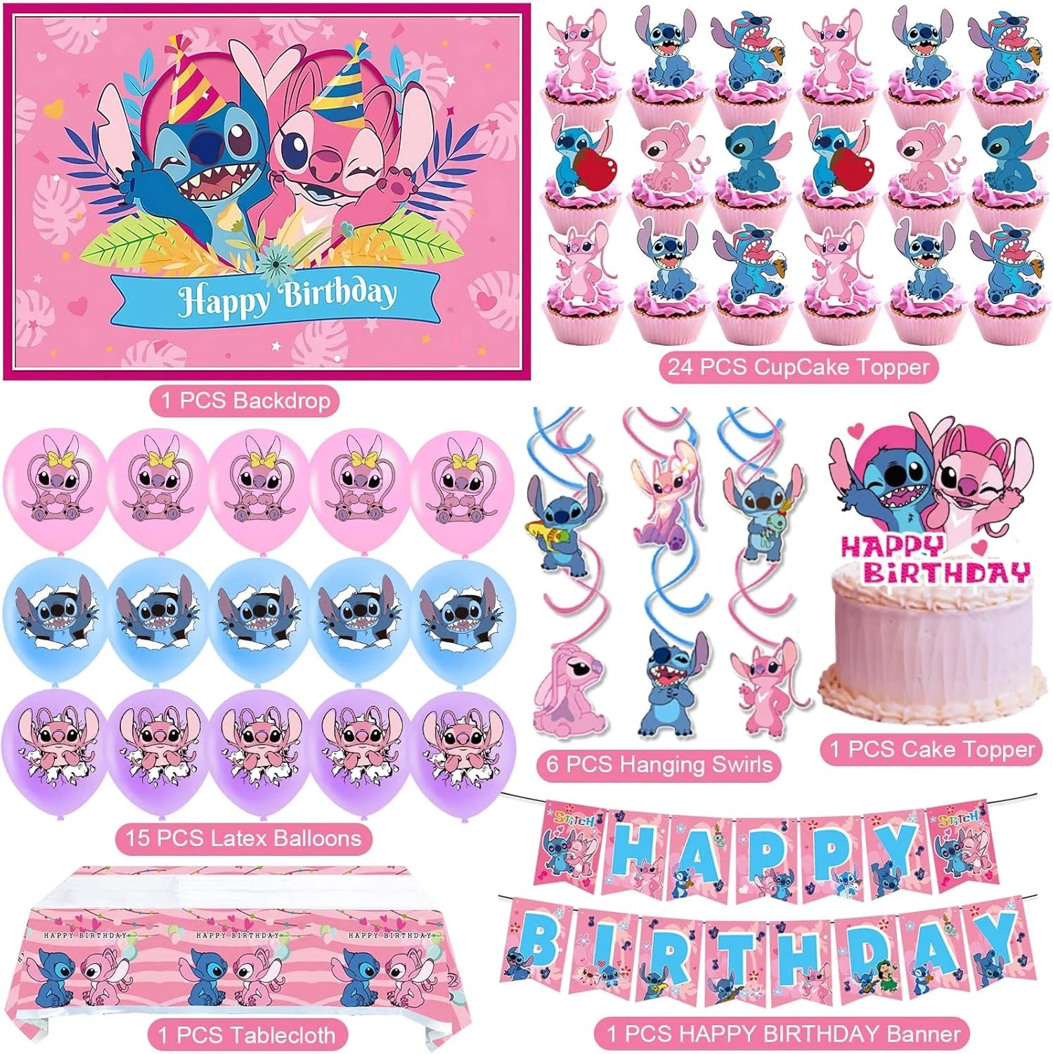 Stitch Party Supplies Happy Birthday Decorations Set Include Banner, Balloons, Stickers, Hanging Swirls, Cake Cupcake Toppers, Tablecloth for Boys Girls Cartoon Theme Party
