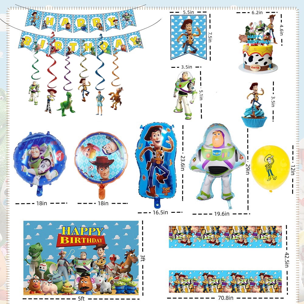 Toy Inspired Story Party Decorations, Toy Inspired Story Birthday Party Supplies, Include Happy Birthday Banner, Backdrop, Tablecloth, Balloons, Cake Toppers,  Hanging Swirls, for Kids Party