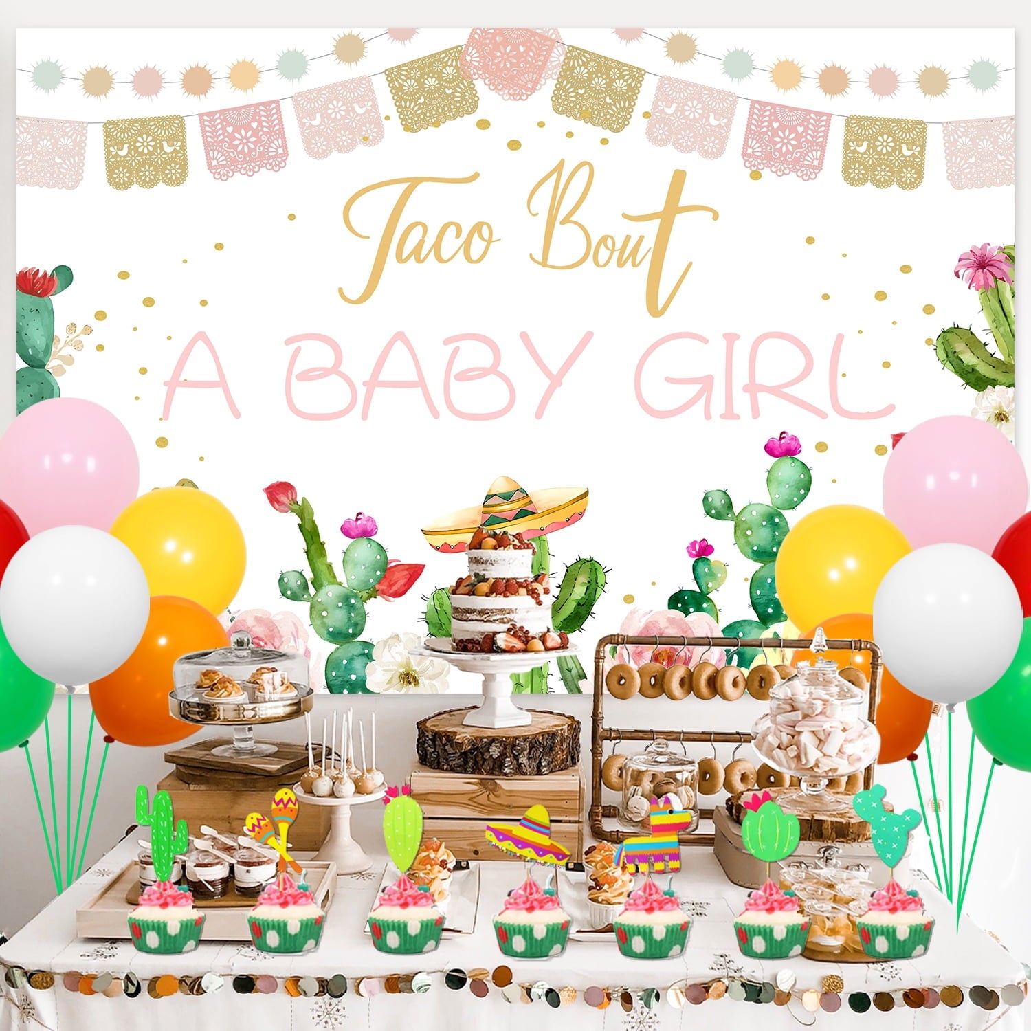 Taco Bout A Baby Girl Mexican Theme Baby Shower Decorations Welcome Baby Girl with Fiesta Backdrop Cake Toppers for Cinco de Mayo Girl Baby Shower Party Supplies