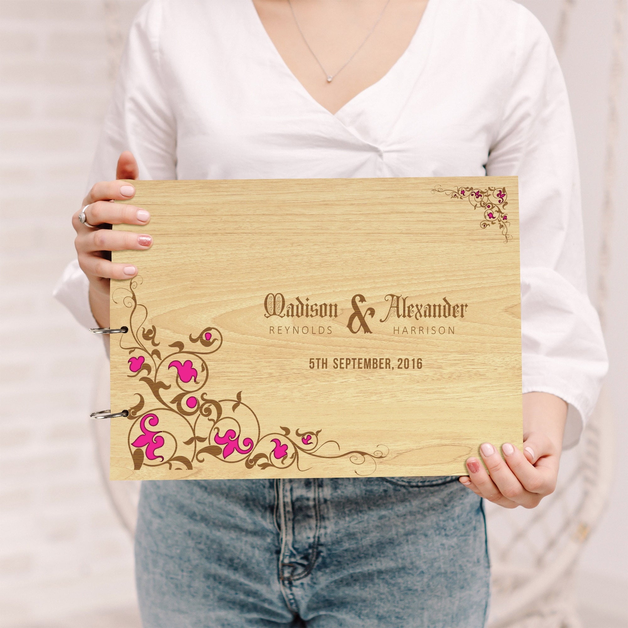 Darling Souvenir Personalized Engraved Laser Cut Wedding Guest Book Wooden Cover Sign-in Book Registry Guestbook Scrapbook-H4
