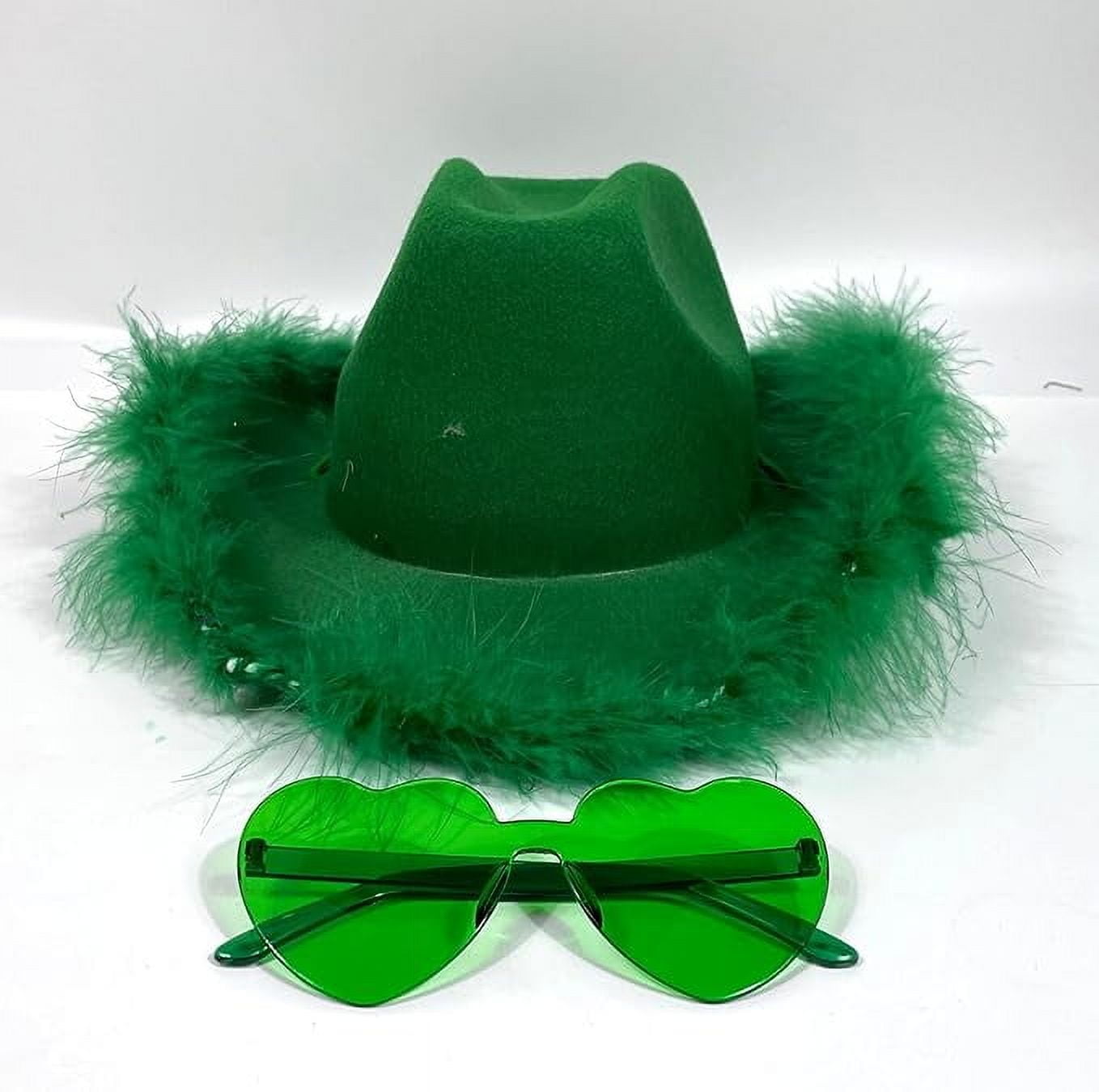 4E’s Novelty Green Cowboy Hat with Feathers & Heart Sunglasses – St. Patrick’s Day Fun