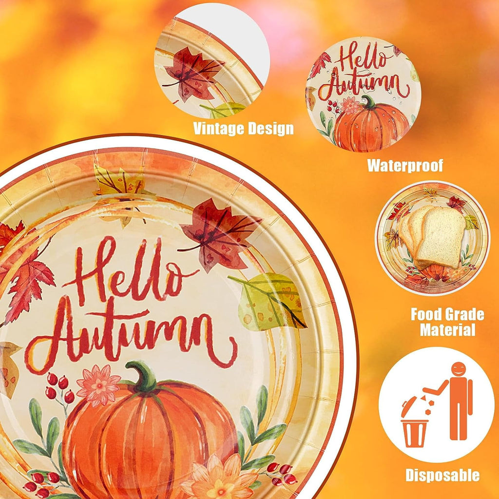 Caltero 200 PCS Fall Plates and Napkins Set Serves 50 Guests, Disposable Fall Pumpkin Party Tableware for Autumn Harvest Thanksgiving Party Supplies