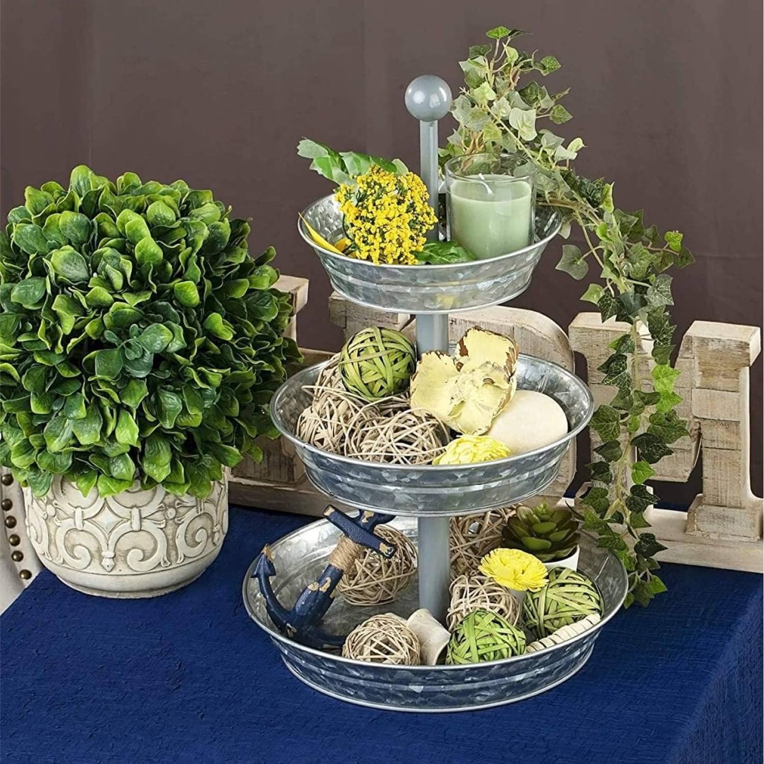 3 Tier Serving Tray - Galvanized, Rustic Metal Stand. Dessert, Cupcake, Fruit & Party Three Tiered Platter. Country Farmhouse Vintage Decor for The Kitchen, Home, Farm & Outdoor by Hallops