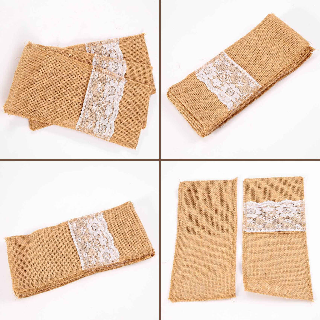 50 pcs Natural Jute Cutlery Knives and Forks Cutlery Set Silverware Bag Holder Burlap & Lace Party Wedding Decor, 21x11cm